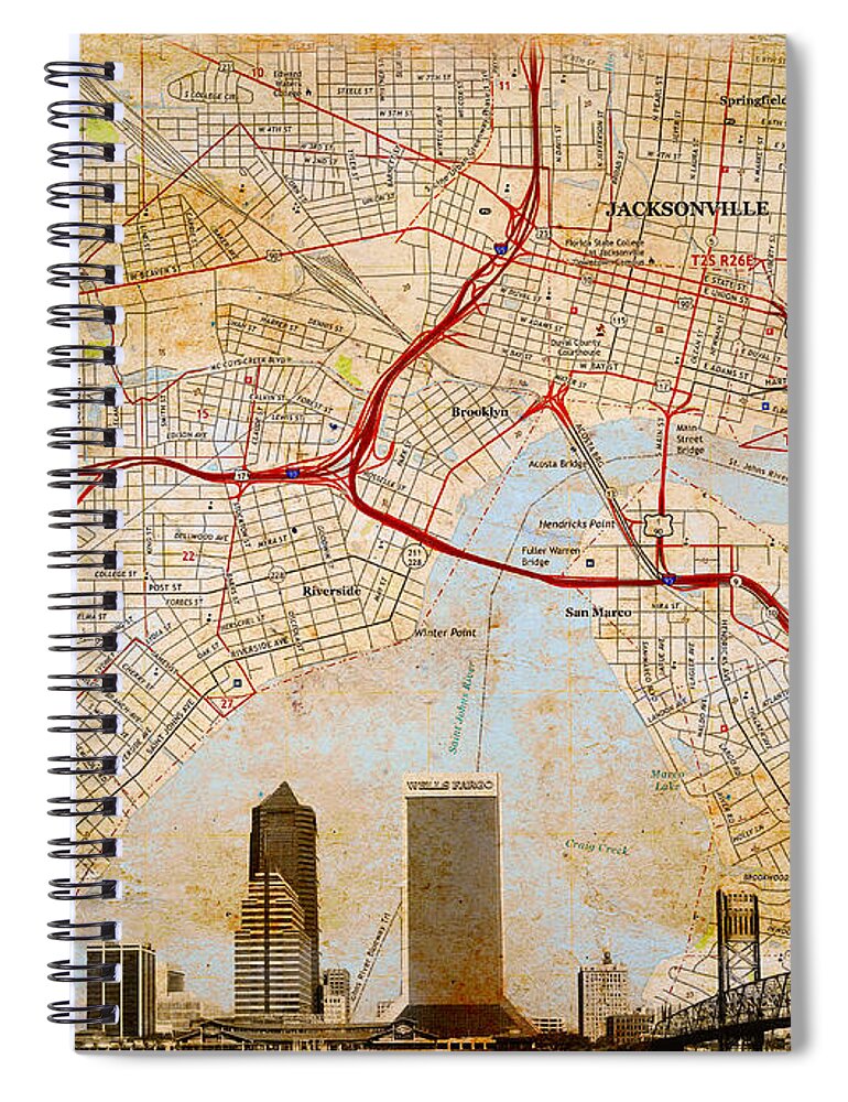 Map Spiral Notebook featuring the digital art Map of Downtown Jacksonville, Florida, and skyline blended on old paper by Nicko Prints