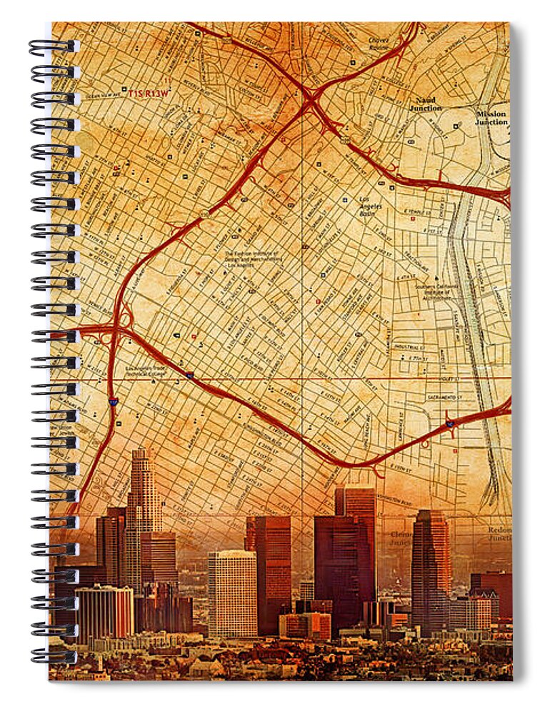 Los Angeles Map Spiral Notebook featuring the digital art Map of Downtown Los Angeles and skyline blended on old paper by Nicko Prints