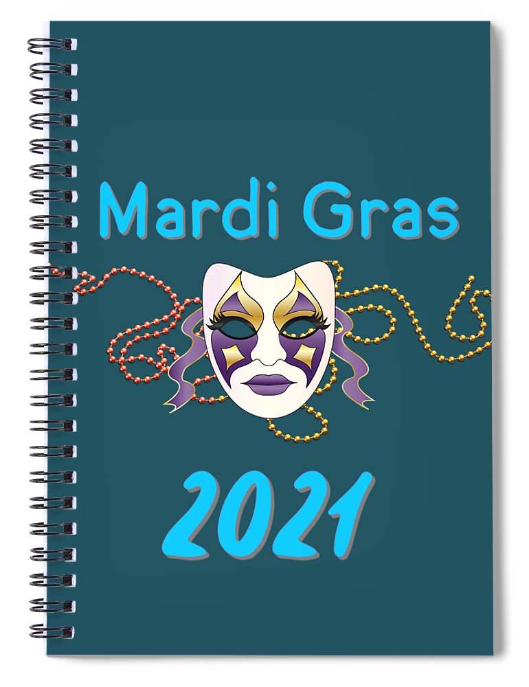 Mardi Gras Spiral Notebook featuring the digital art Mardi Gras 2021 with Blue Lettering by Ali Baucom