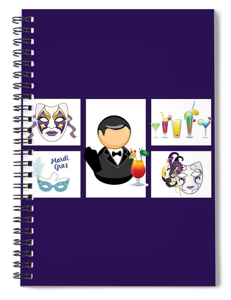 The Images Use Traditional Mardi Gras Masks Celebratory Drinks Handed Out By The Illustration Of A Bartender In The Center.. Spiral Notebook featuring the digital art Mardi Gras Illustrated by Nancy Ayanna Wyatt
