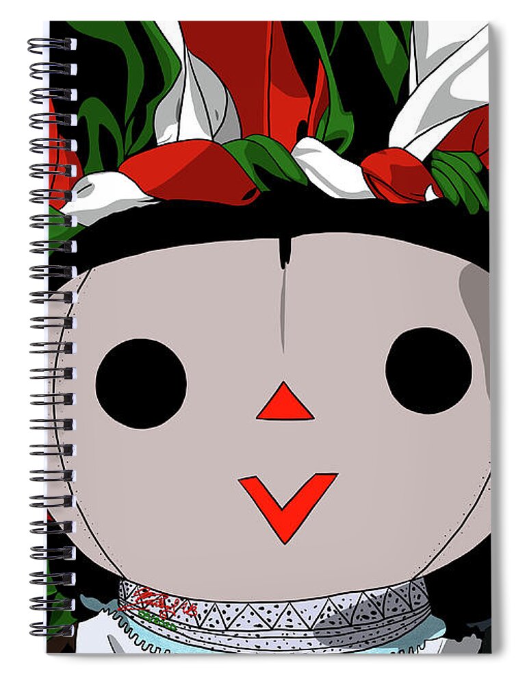 Mazahua Spiral Notebook featuring the digital art Maria Doll green white red by Marisol VB