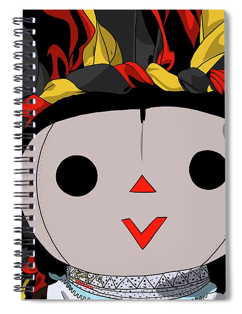 Mazahua Spiral Notebook featuring the digital art Maria Doll red yellow black by Marisol VB