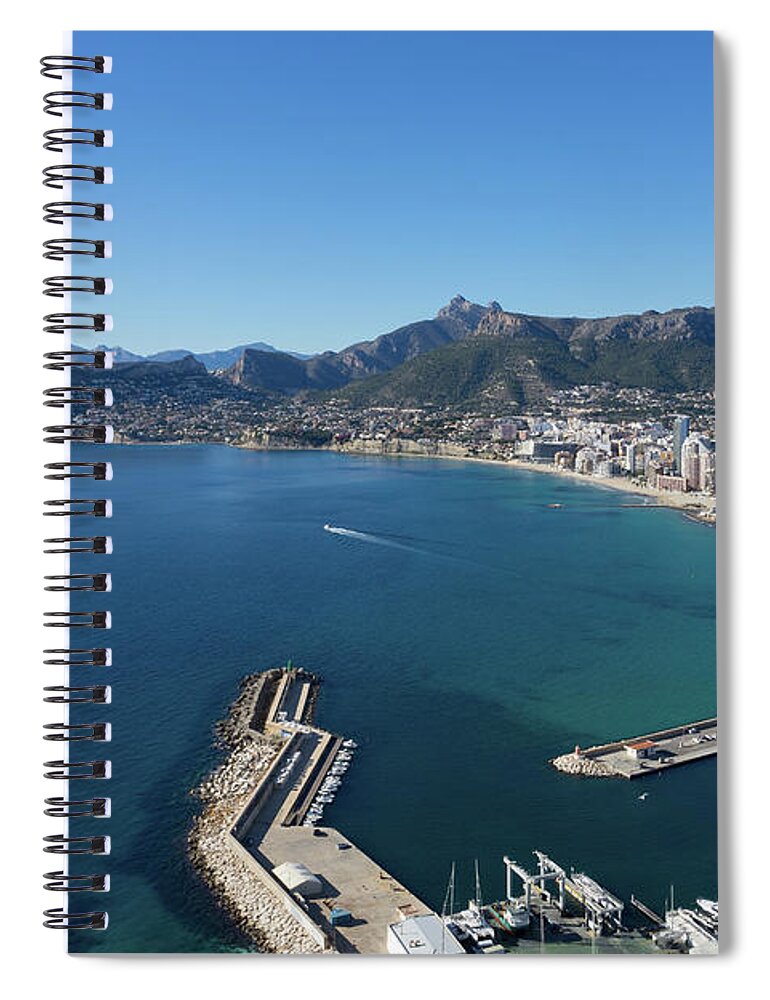 Mediterranean Sea Spiral Notebook featuring the photograph Marina and coast in Calpe, blue Mediterranean Sea by Adriana Mueller
