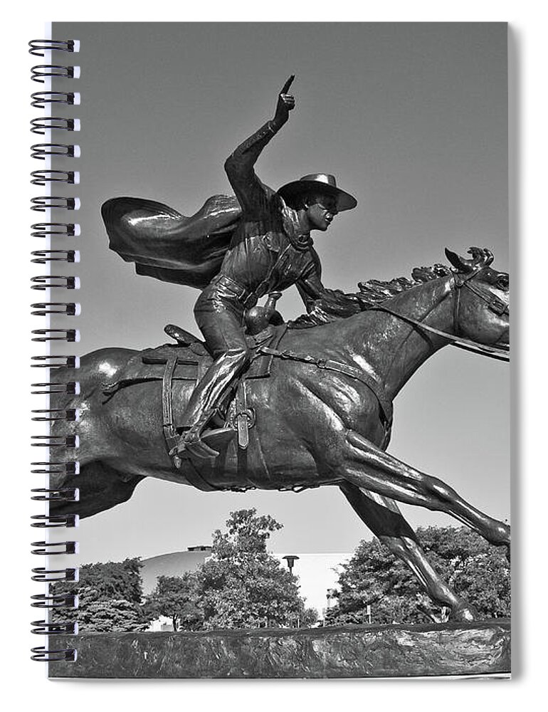 Masked Rider Statue In Bw Spiral Notebook featuring the photograph Masked Rider Statue in BW by Mae Wertz