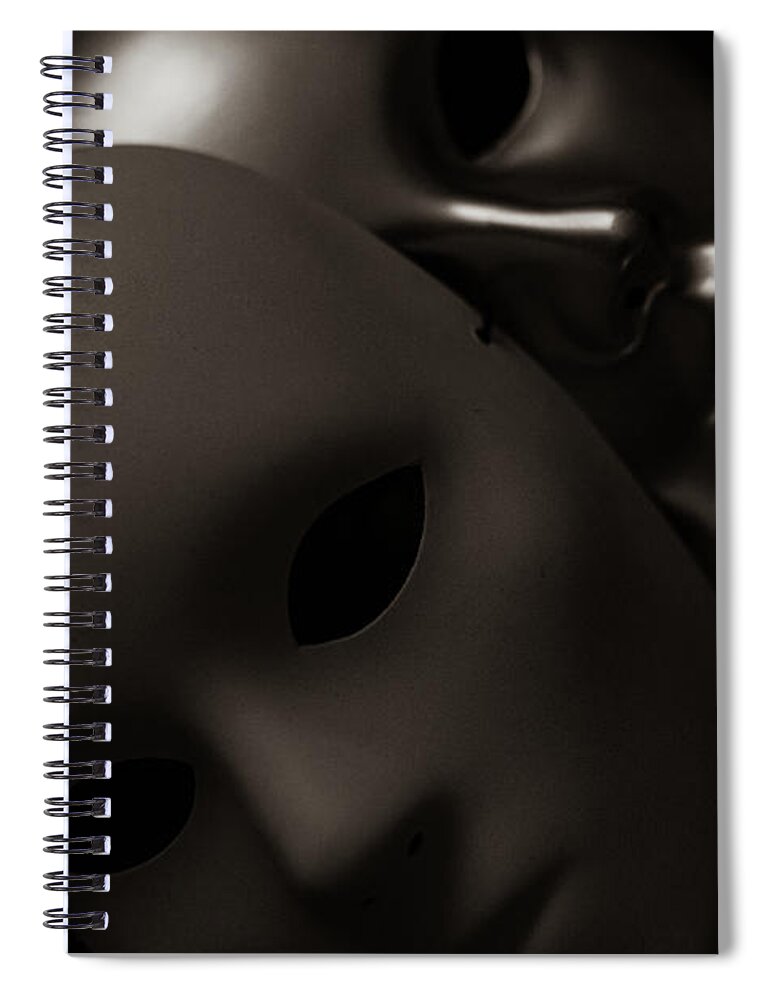 Mask Spiral Notebook featuring the photograph Masks on Black by Amelia Pearn
