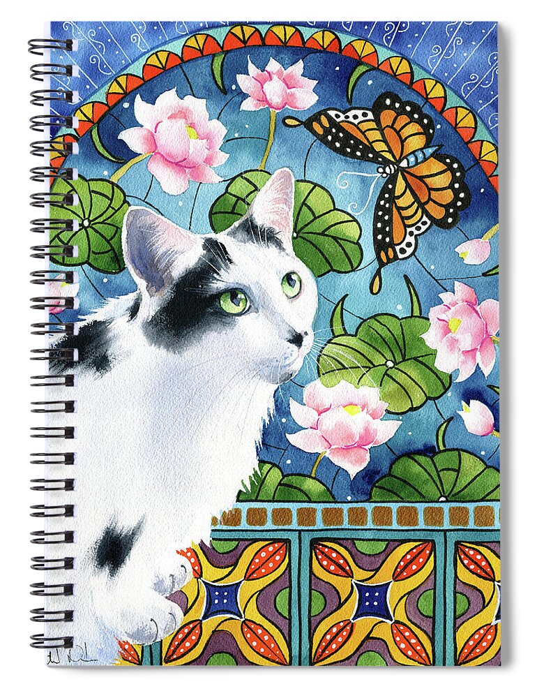 Tuxedo Cats Spiral Notebook featuring the painting Maximillion With Waterlilies Tuxedo Cat Painting by Dora Hathazi Mendes