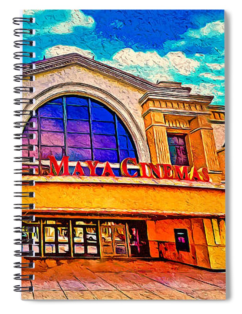Maya Cinemas Spiral Notebook featuring the digital art Maya Cinemas building in downtown Salinas, California - digital painting by Nicko Prints