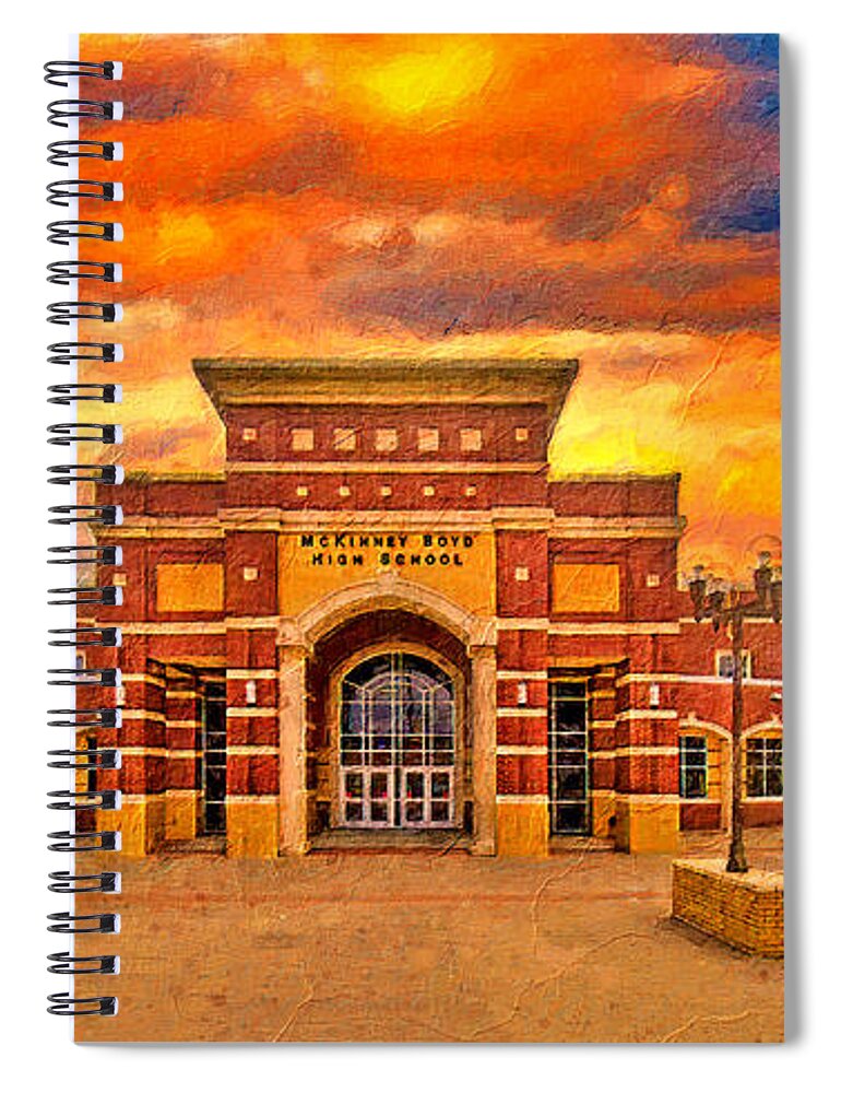 Mckinney Boyd High School Spiral Notebook featuring the digital art McKinney Boyd High School at sunset - digital painting by Nicko Prints