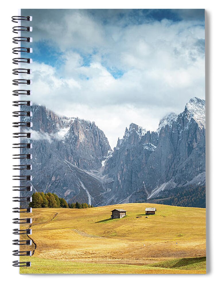 Mountain Landscape Spiral Notebook featuring the photograph Meadow field and the Dolomiti rocky peaks Alpe di siusi Seiser Alm Italy by Michalakis Ppalis