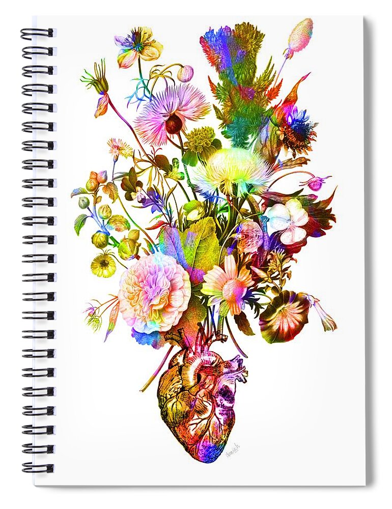 Medical Spiral Notebook featuring the digital art Medical Heart with Bouquet of Flowers by Ann Leech