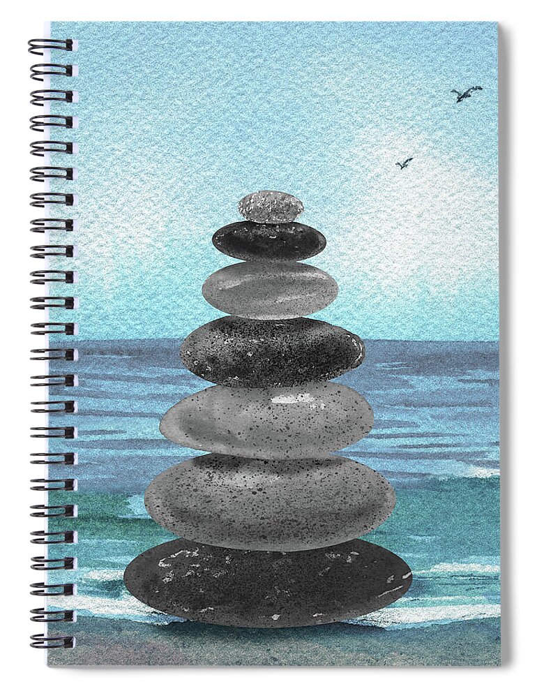 Blue Spiral Notebook featuring the painting Meditative Rocks At The Teal Blue Ocean Beach by Irina Sztukowski