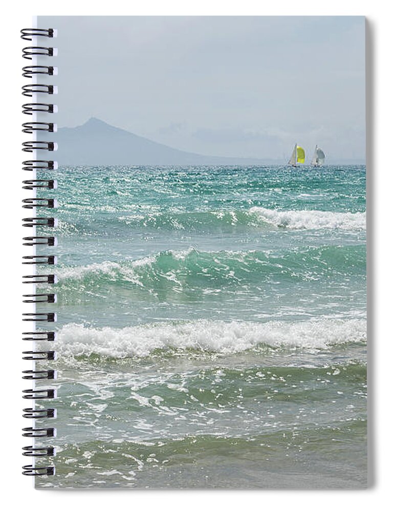 Mediterranean Sea Spiral Notebook featuring the photograph Mediterranean Sea with waves and sailboats by Adriana Mueller