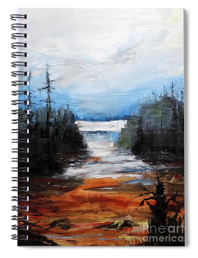 Sky Atmosphere Clouds Mountains Trees Islands Shore Beach Water Coastal Rocks Landscape Blue Orange White Black Green Brown Inlet Sea Seascape Spiral Notebook featuring the painting Memories Of The West Coast by Ida Eriksen