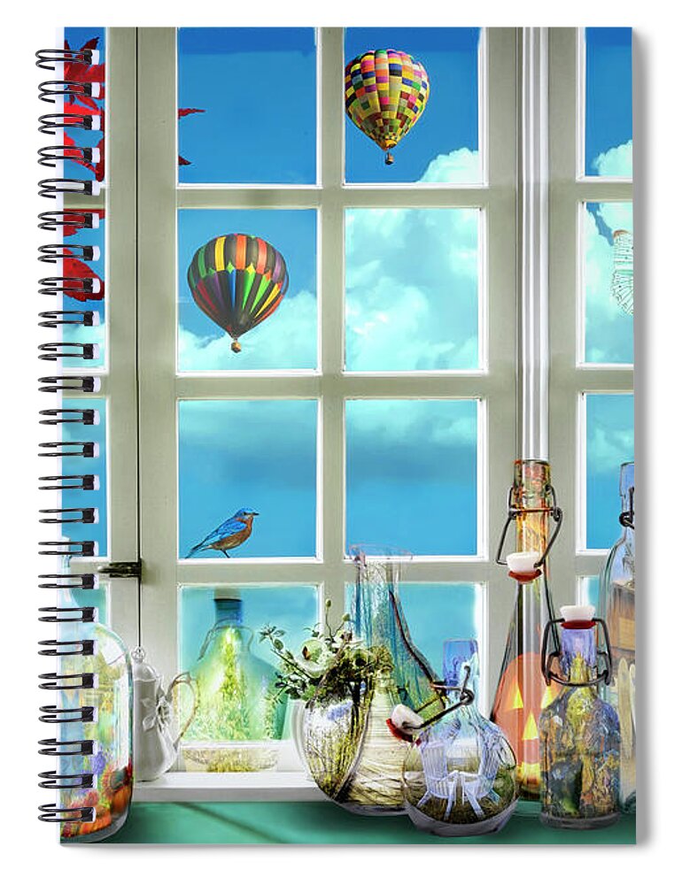 Bird Spiral Notebook featuring the digital art Memory Jars in the Blue Sky Window by Debra and Dave Vanderlaan