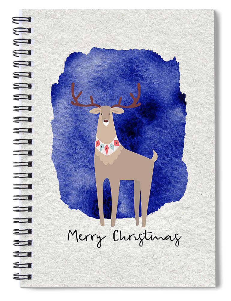 Merry Christmas Spiral Notebook featuring the painting Merry Christmas Blue Watercolor Deer by Modern Art