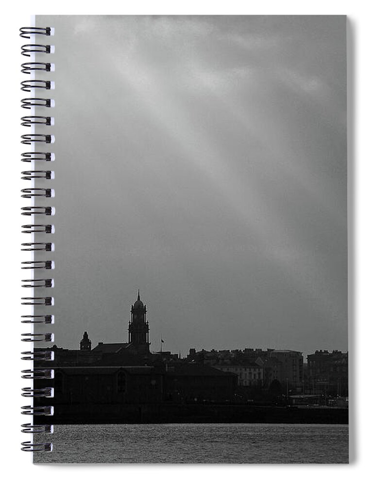 Liverpool; River Mersey; Black And White; Landscape; Cityscape; Skyline; Great Britain; Merseyside; Wirral Birkenhead; Sunbeams; Silhouette; Sky; Clouds; England; Spiral Notebook featuring the photograph Mersey Sunbeams by Lachlan Main