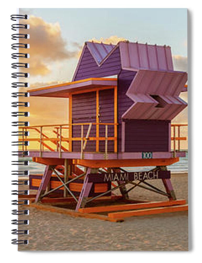 100 Spiral Notebook featuring the photograph Miami Beach 100 Lifeguard Tower at Sunrise Panoramic Photo by Paul Velgos
