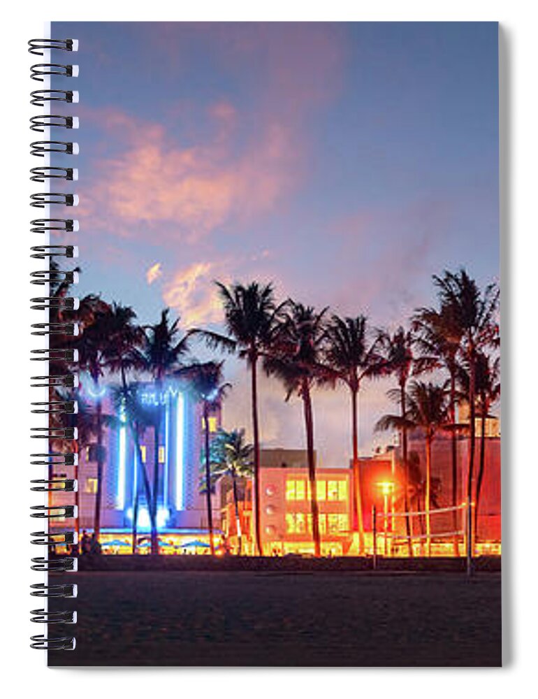 Miami Beach Spiral Notebook featuring the photograph Miami Beach Ocean Drive panorama with hotels and restaurants at sunset. City skyline with palm trees at night. Art deco nightlife on South beach by Maria Kray