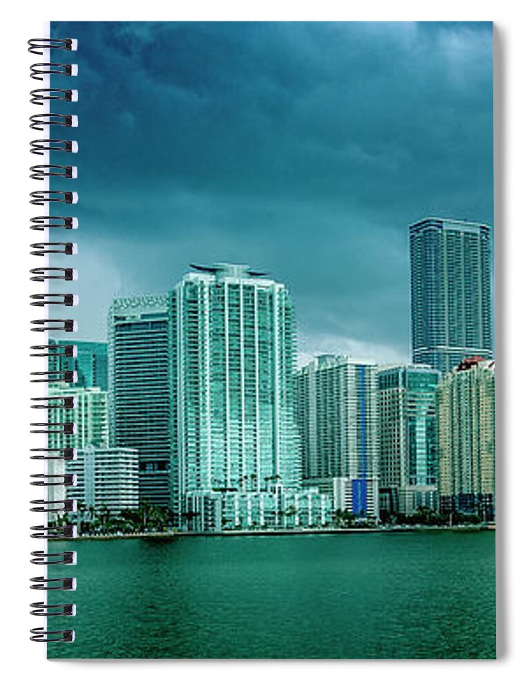 Biscayne Bay Spiral Notebook featuring the digital art Miami Skyline from Biscayne Bay by SnapHappy Photos