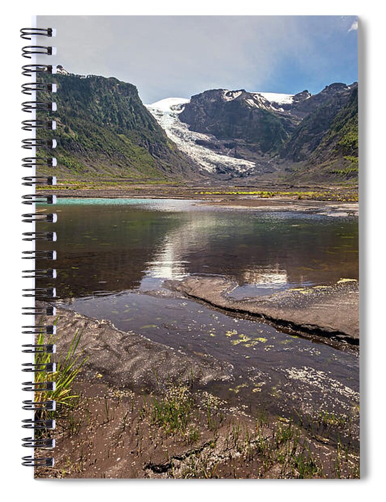 Chile Spiral Notebook featuring the photograph Michinmahuida glacier with pond reflexion by Henri Leduc