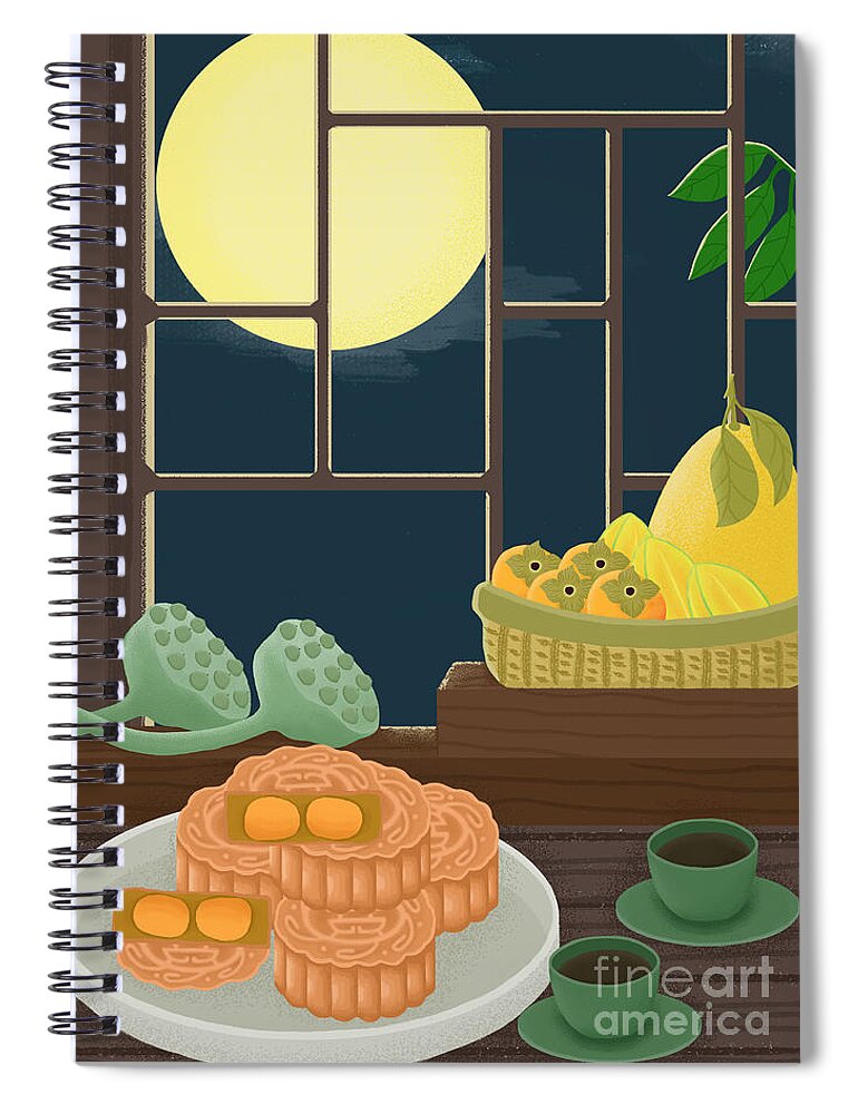 Moon Cakes Spiral Notebook featuring the drawing Mid-Autumn Festival Moon Cake Illustration by Min Fen Zhu