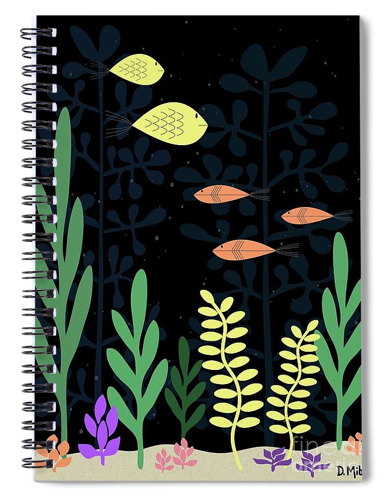 Mid Century Fish Spiral Notebook featuring the digital art Mid Century Aquarium Black by Donna Mibus