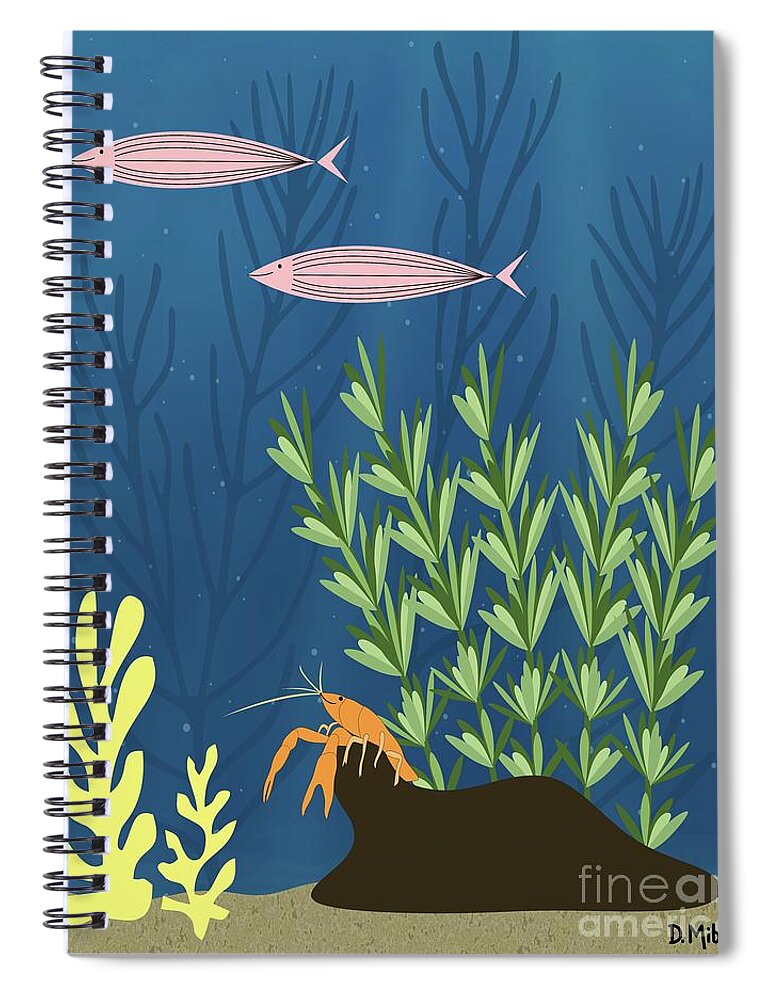 Mid Century Spiral Notebook featuring the digital art Mid Century Aquarium with Lobster by Donna Mibus