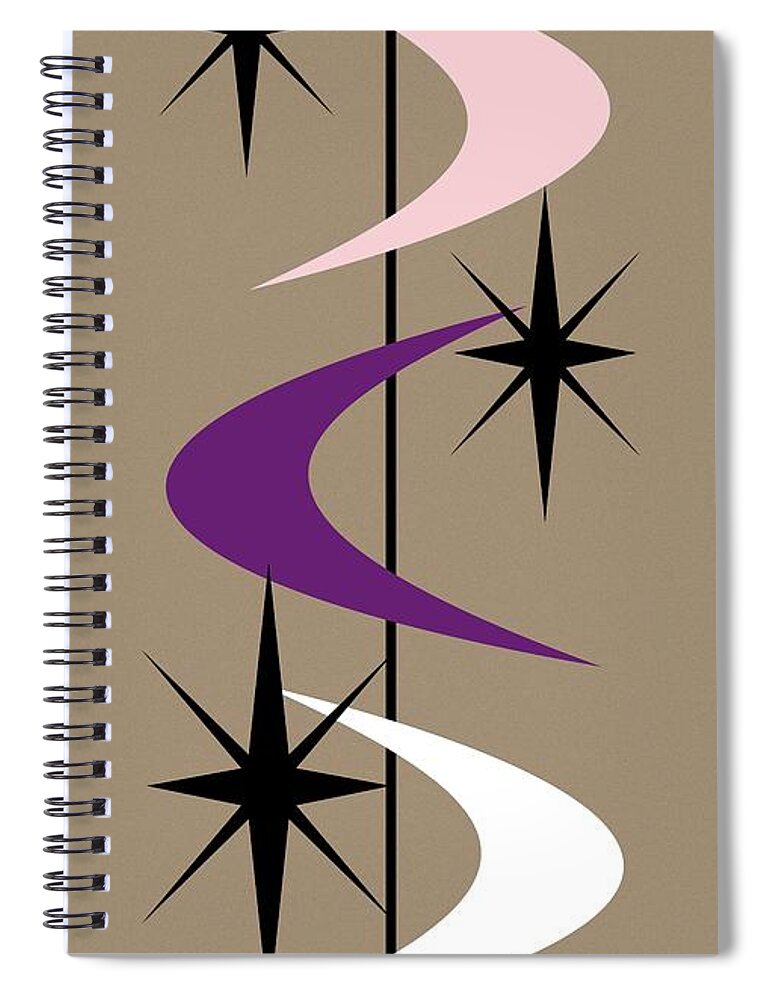  Spiral Notebook featuring the digital art Mid Century Boomerangs Purple Pink White by Donna Mibus