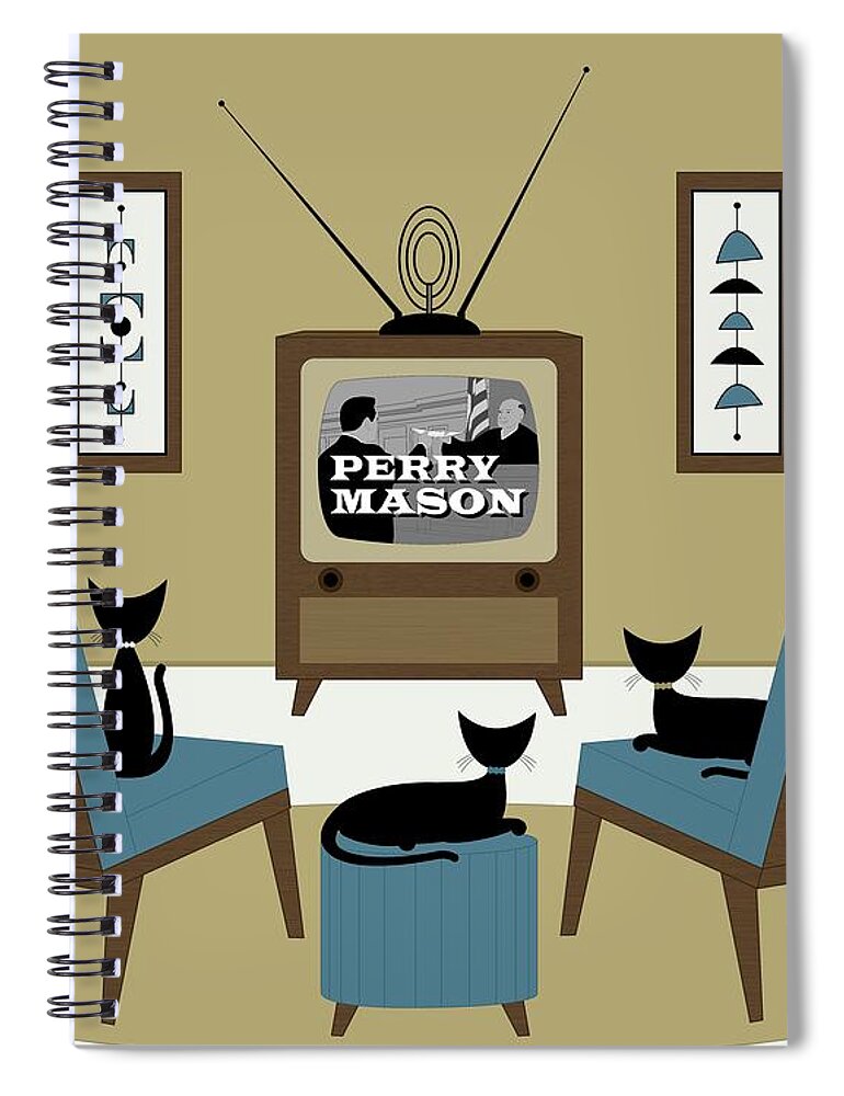 Mid Century Cat Spiral Notebook featuring the digital art Mid Century Cats Watch Perry Mason Beige by Donna Mibus