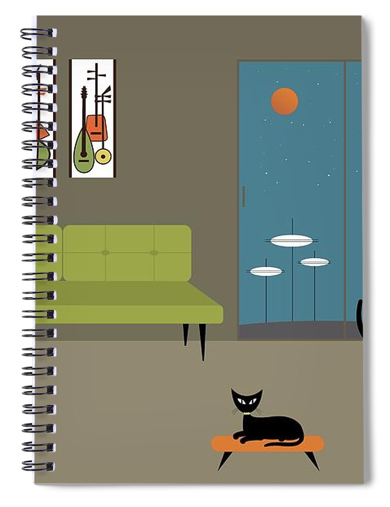 Mid Century Modern Spiral Notebook featuring the digital art Mid Century Dog Spies Space Pods by Donna Mibus