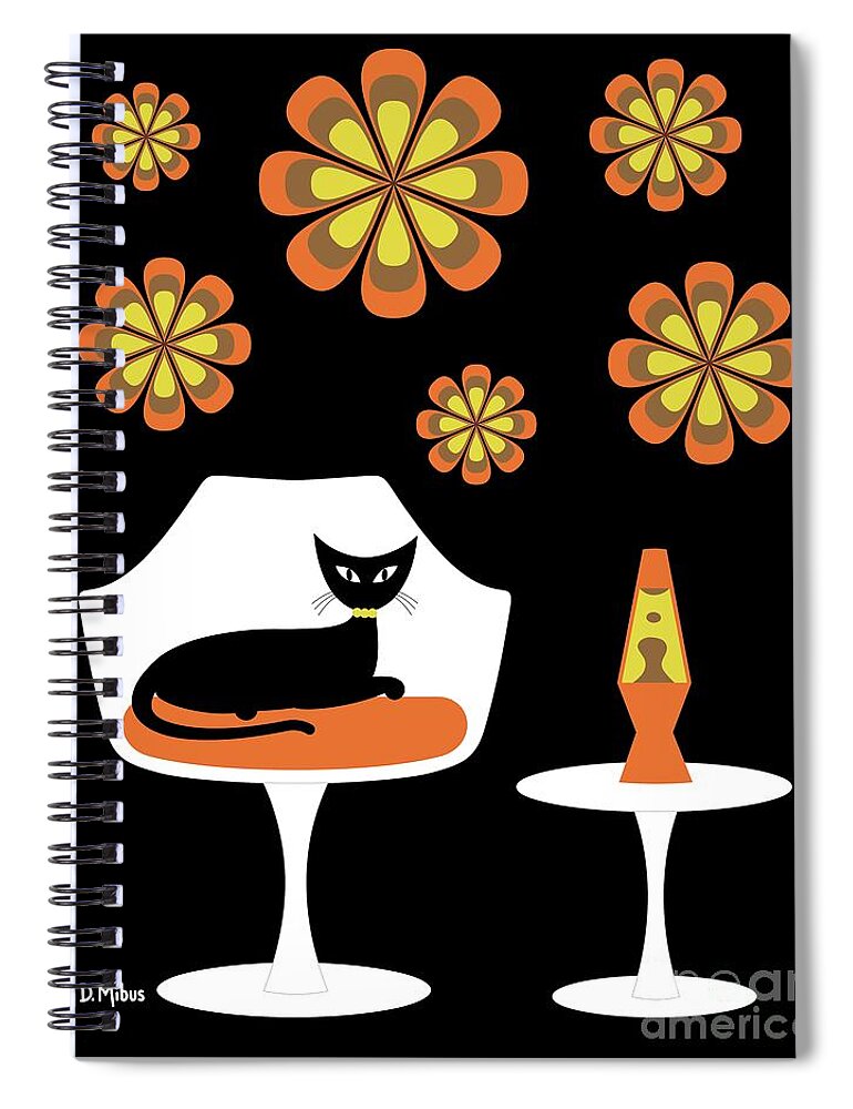 Mid Century Cat Spiral Notebook featuring the digital art Mid Century Tulip Chair with Orange Mod Flowers by Donna Mibus