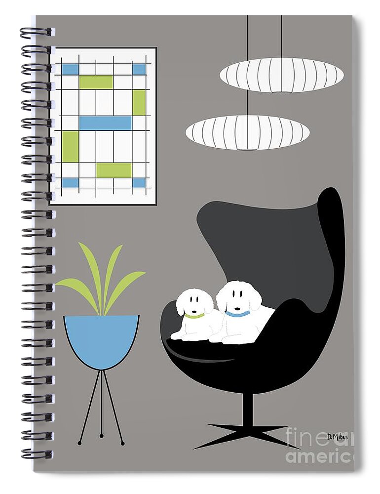 Mid Century Modern Spiral Notebook featuring the digital art Mid Century White Dogs in Black Egg Chair by Donna Mibus