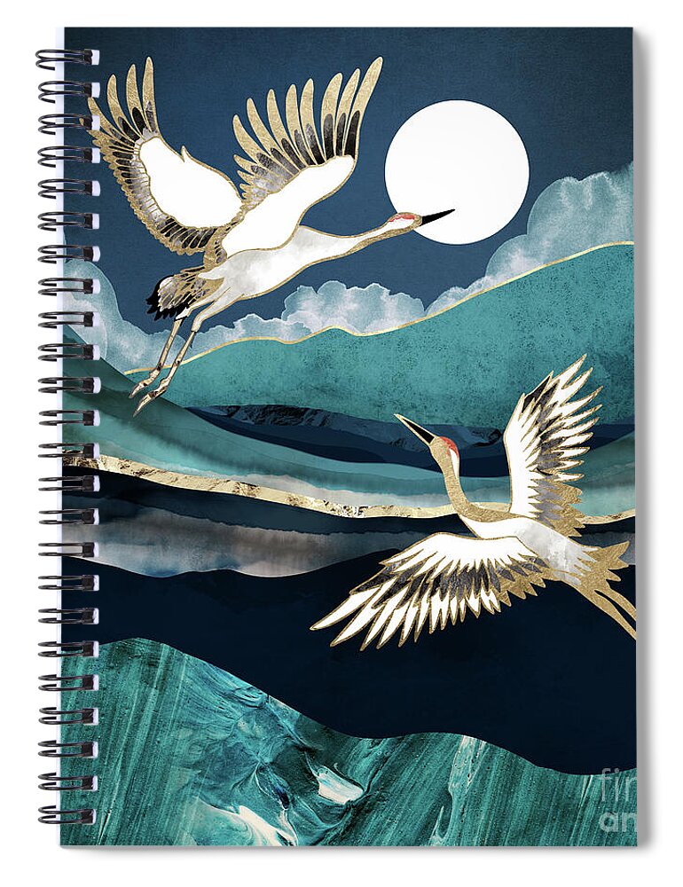 Cranes Spiral Notebook featuring the digital art Midnight Cranes by Spacefrog Designs