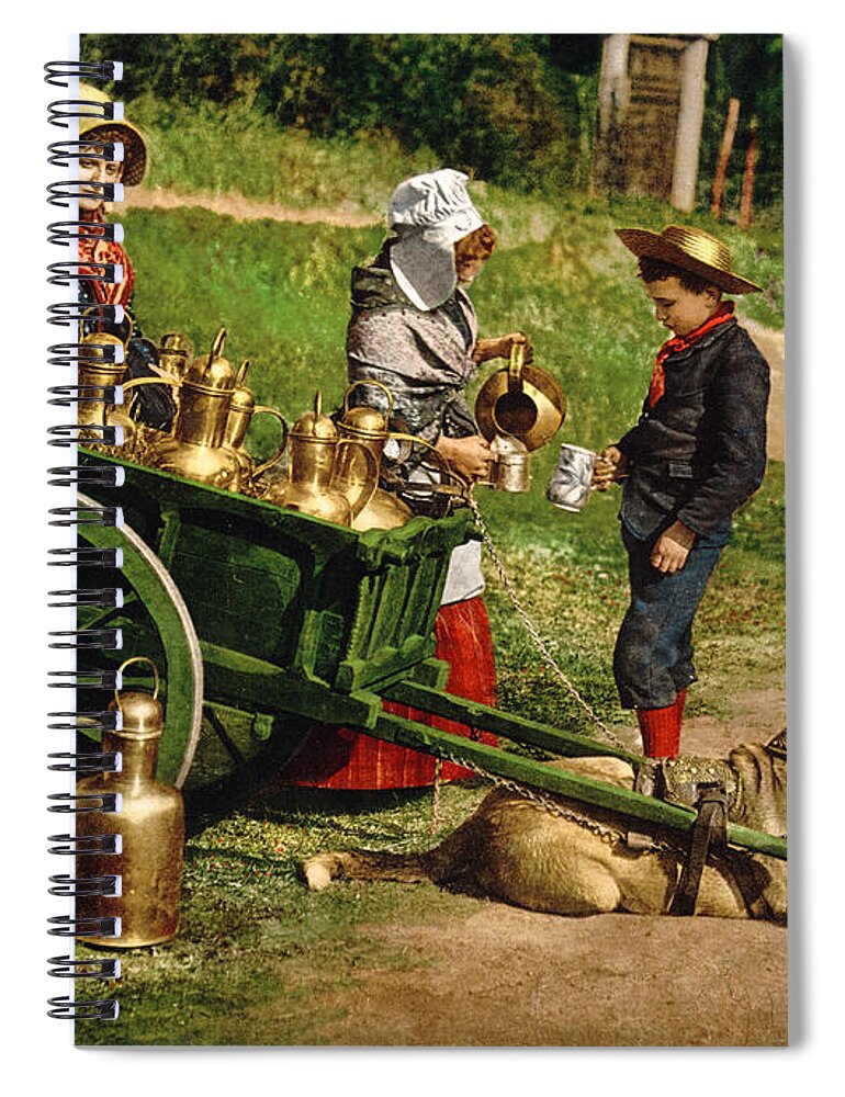 Milk Seller Spiral Notebook featuring the photograph Milk Sellers - Brussels Belgium - Circa 1890 Photochrom by War Is Hell Store