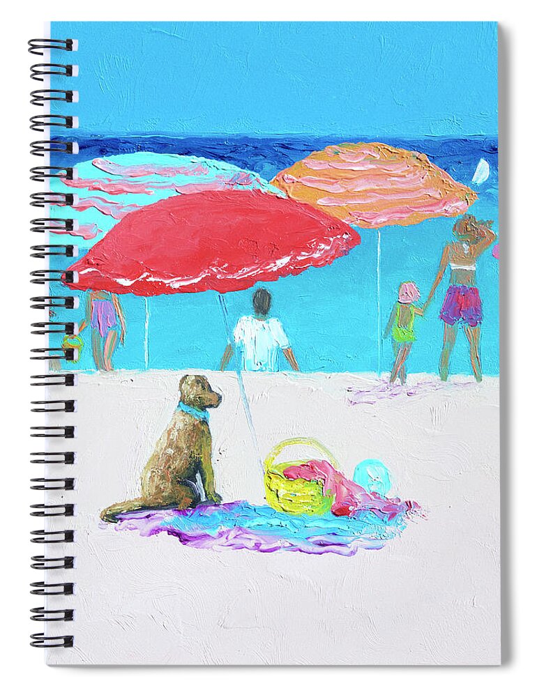 Beach Spiral Notebook featuring the painting Minding the picnic under a Red Umbrella, beach scene by Jan Matson