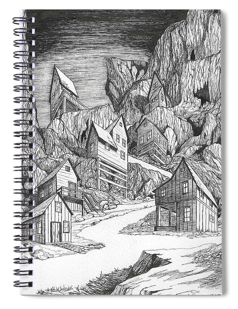 Old Spiral Notebook featuring the drawing Miner's Village by Loxi Sibley