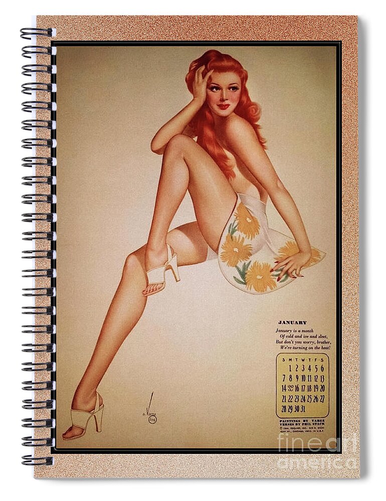 Miss January Spiral Notebook featuring the painting Miss January Varga Girl 1944 Pin-up Calendar by Alberto Vargas Vintage Pin-Up Girl Art by Rolando Burbon