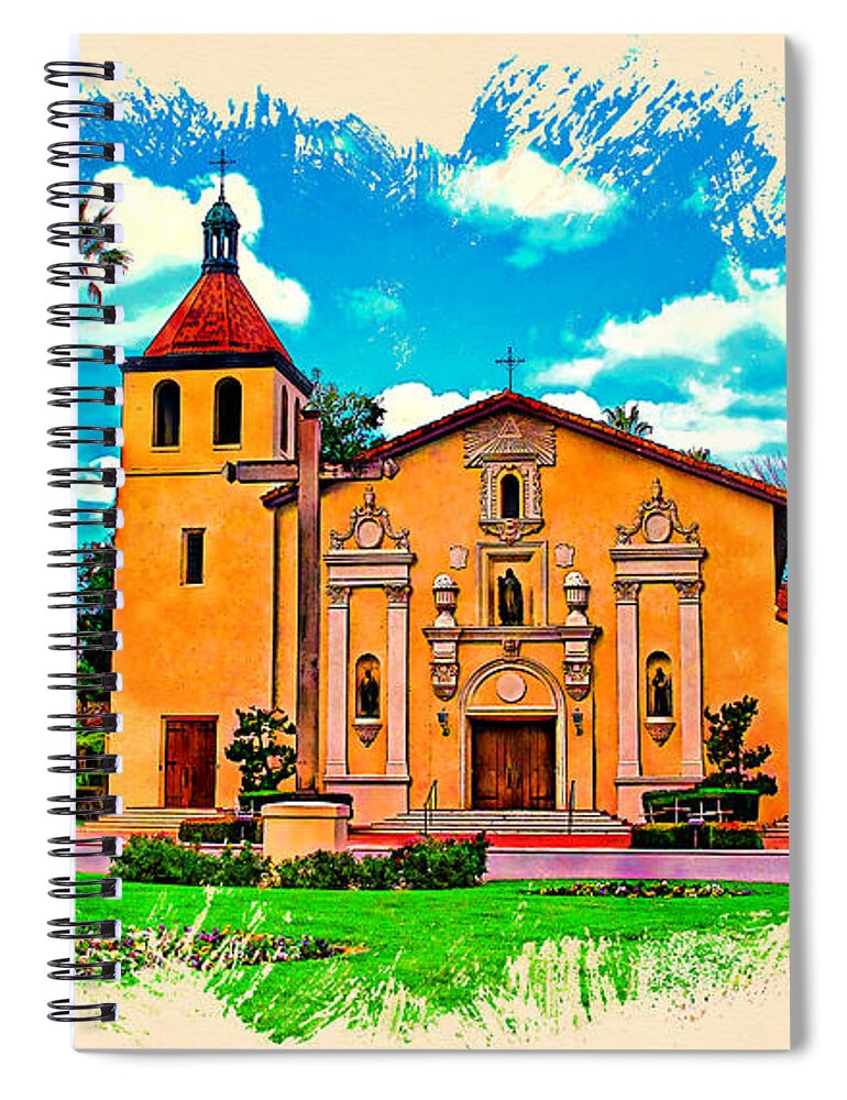 Mission Santa Clara Spiral Notebook featuring the digital art Mission Santa Clara de Asis, watercolor painting by Nicko Prints