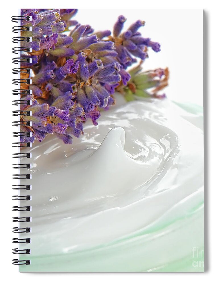Moisturizer Spiral Notebook featuring the photograph Moisturizing Cream in a Jar and Lavender Flowers by Olivier Le Queinec