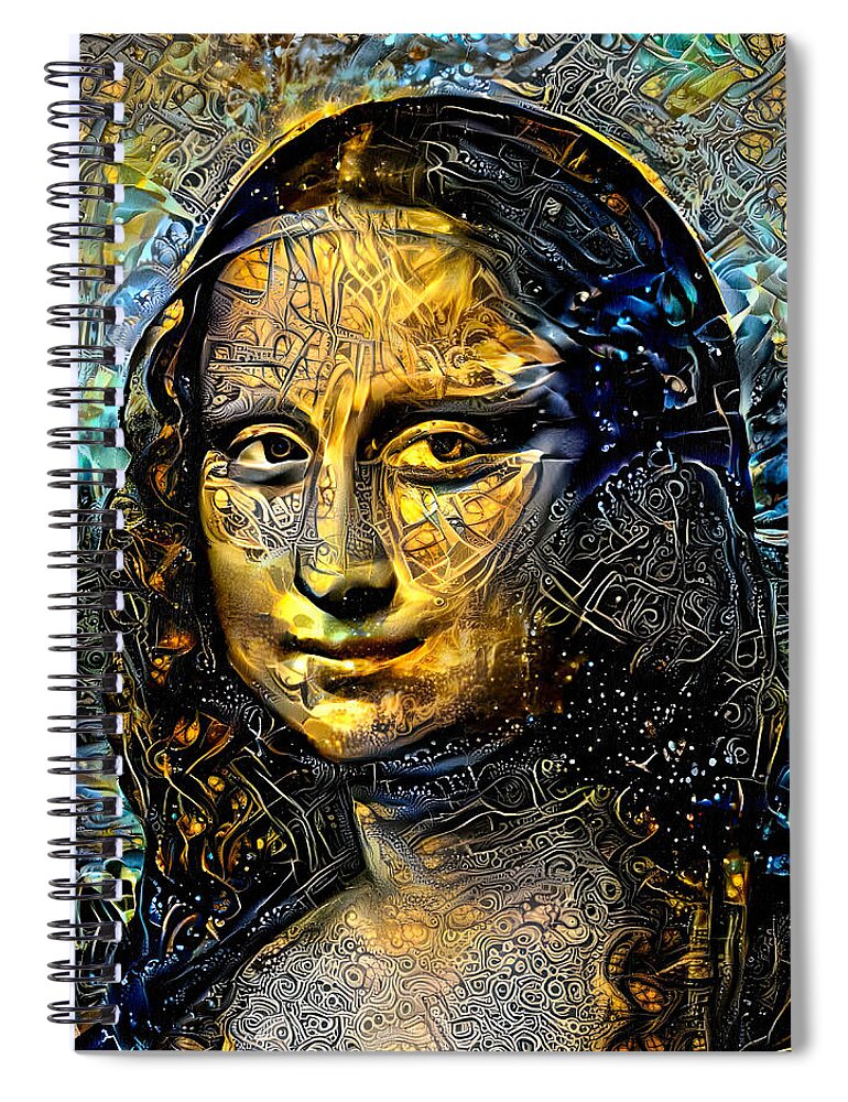 Mona Lisa Spiral Notebook featuring the digital art Mona Lisa by Leonardo da Vinci - golden night design by Nicko Prints