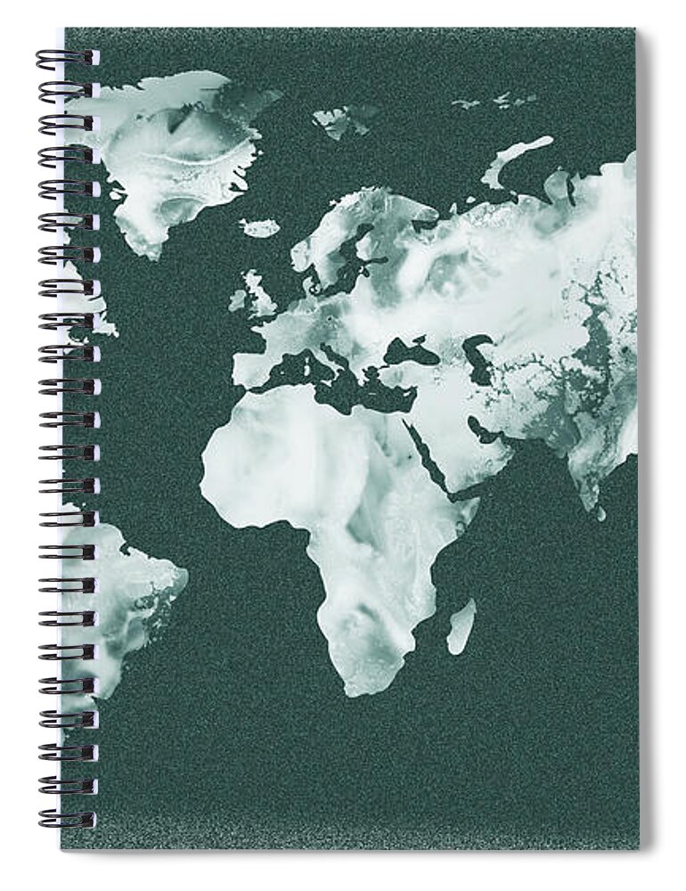 World Map Spiral Notebook featuring the painting Monochromatic Teal Gray Watercolor World Map by Irina Sztukowski