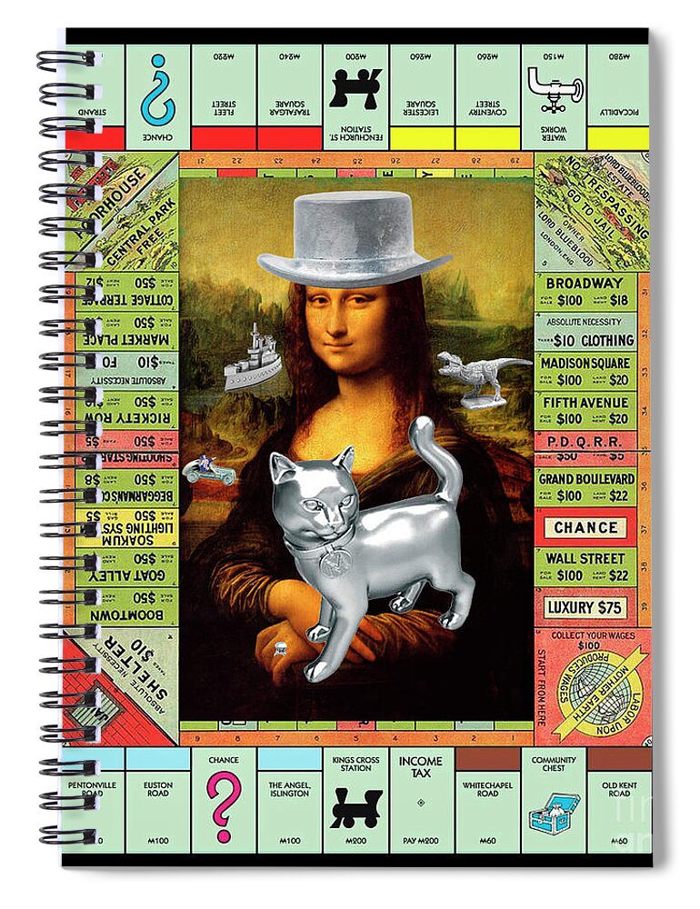 Mona Lisa Spiral Notebook featuring the mixed media Monopolisa - Mixed Media Pop Art Collage of Mona Lisa on Old Monopoly Gameboard by Steven Shaver