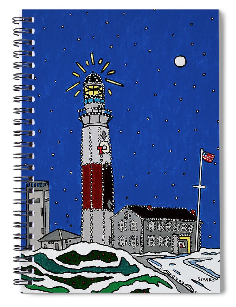 Montauk Lighthouse Christmas Spiral Notebook featuring the painting Montauk Christmas Lights by Mike Stanko
