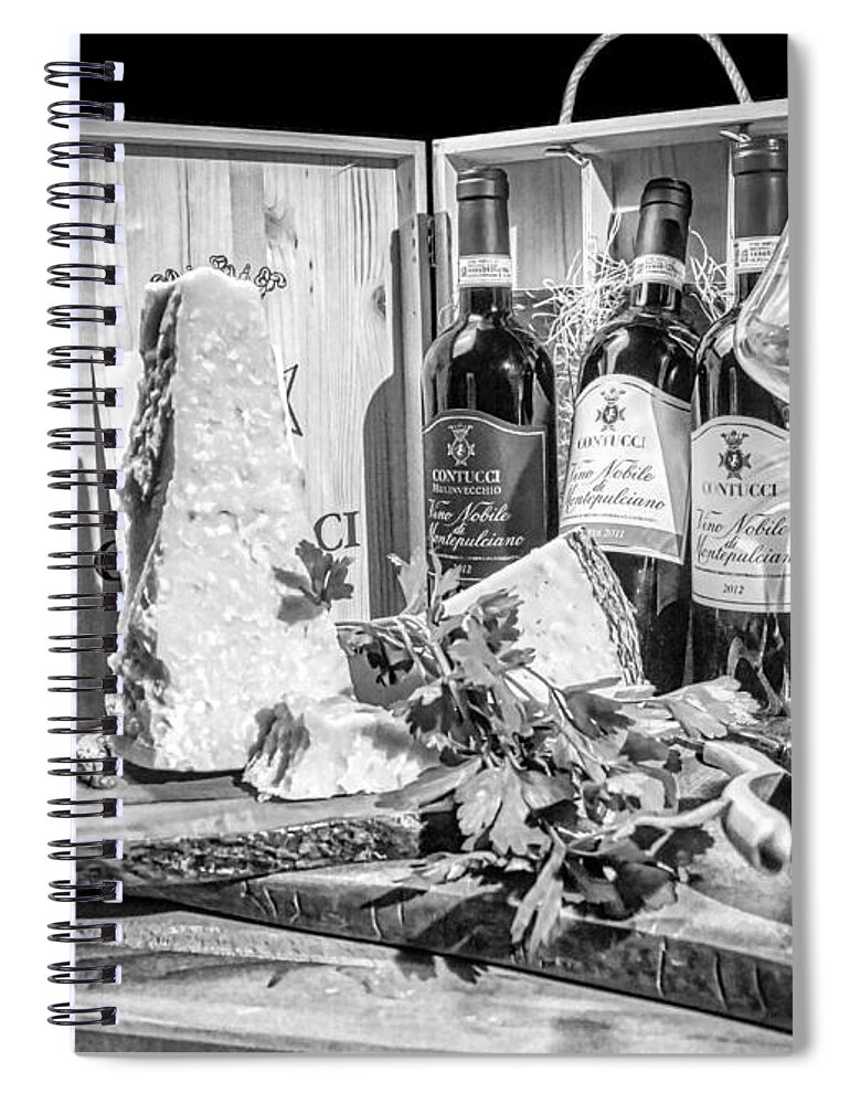 Montepulciano Spiral Notebook featuring the photograph Montepulciano d'Abruzzo red wine and Parmigiano -Tuscany BW by Stefano Senise