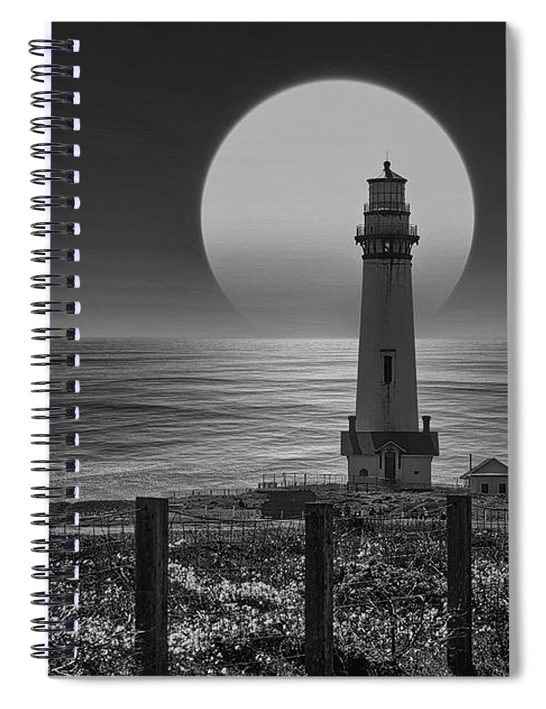 California Spiral Notebook featuring the photograph Moon Epic Pigeon point lighthouse BW California by Chuck Kuhn