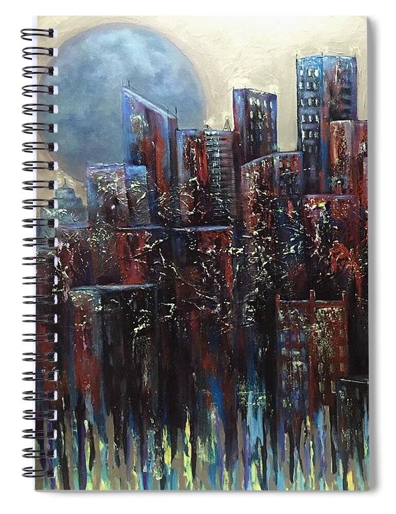 Cityscape Spiral Notebook featuring the painting Moon over Miami by Barbara Landry