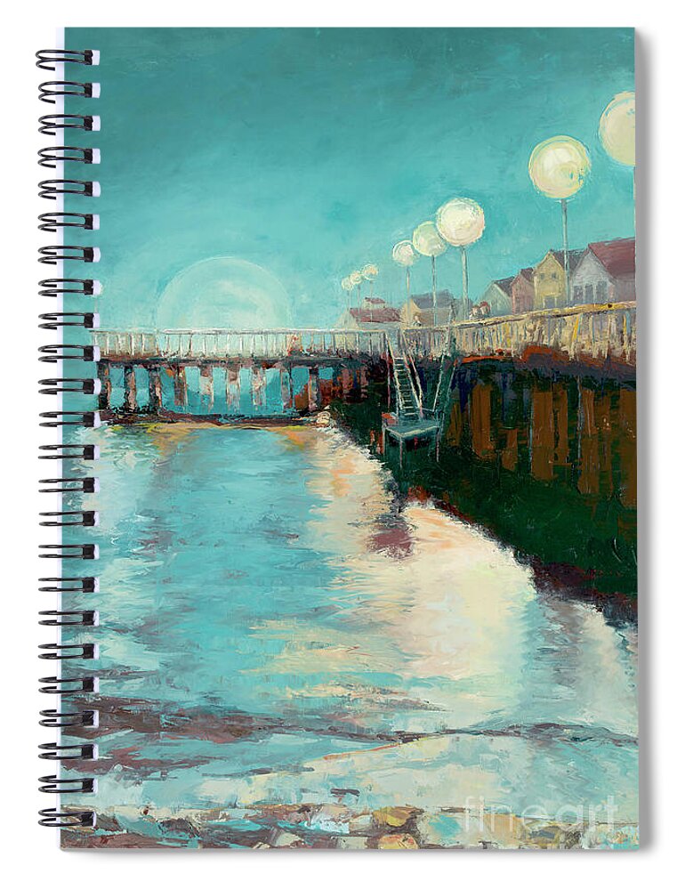 Santa Cruz Spiral Notebook featuring the painting Moon Over Santa Cruz Wharf by PJ Kirk