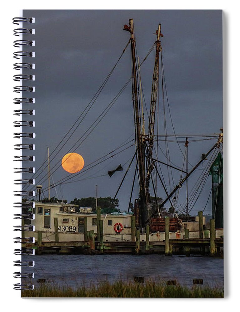 Shrimp Spiral Notebook featuring the photograph Moon Over Shrimp Boat by Scott Moore