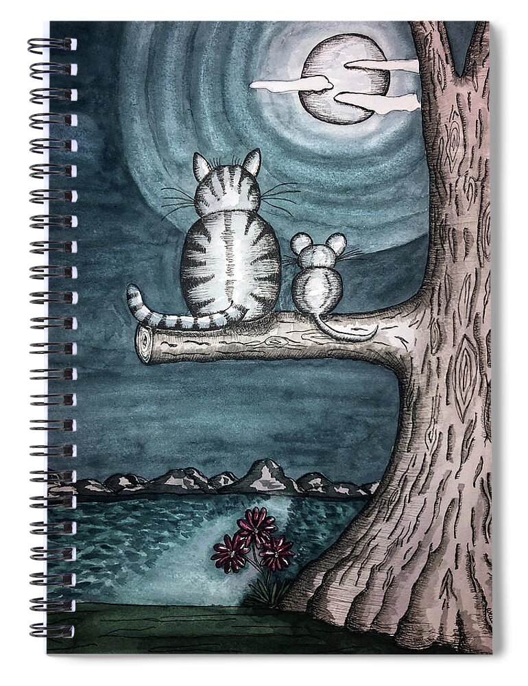 Landscape Spiral Notebook featuring the painting Moonlight Cat and Mouse by Christina Wedberg
