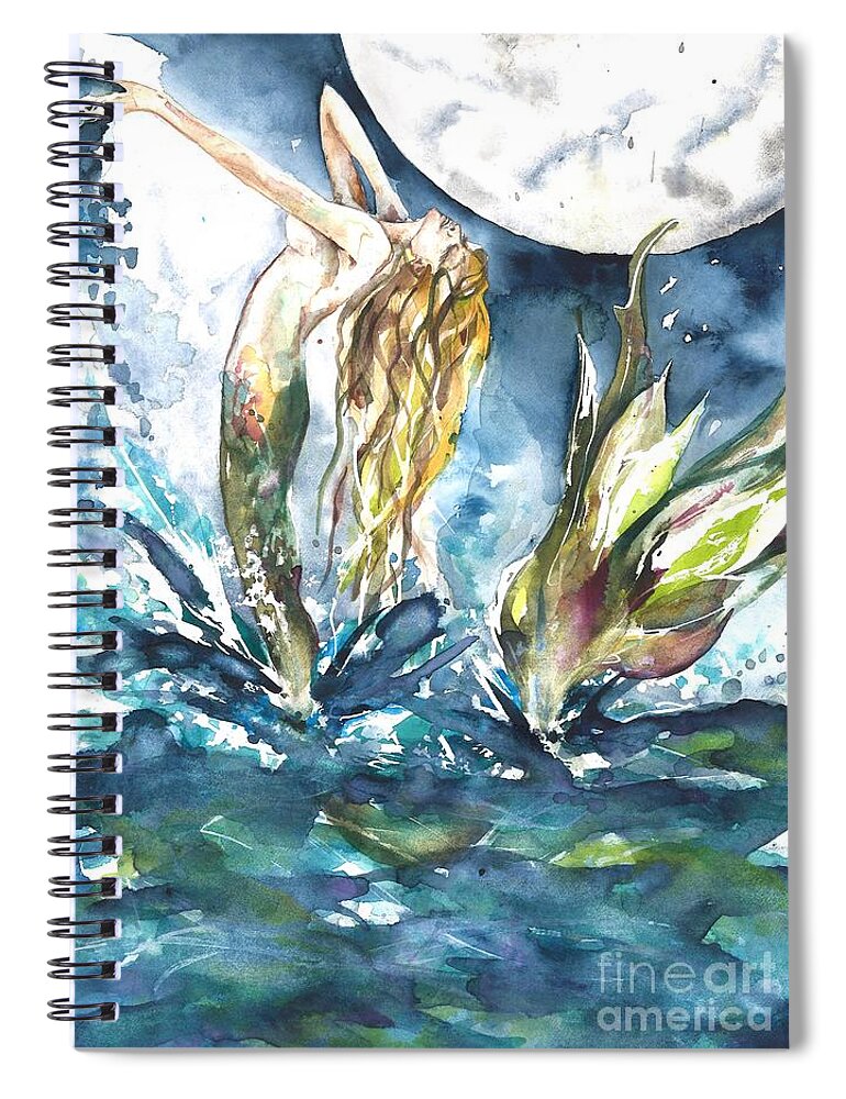 Mermaid Spiral Notebook featuring the painting Moonlight Splash by Norah Daily